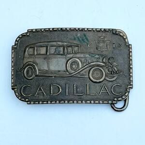CADILLAC V12  belt buckle‎ vintage brass England Bay State Jewelry Patina